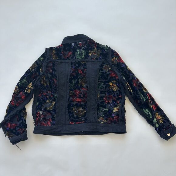 Adore Denim Sheer Panel Embroidered Velvet Floral Fringe Jacket Small Black - Picture 11 of 13